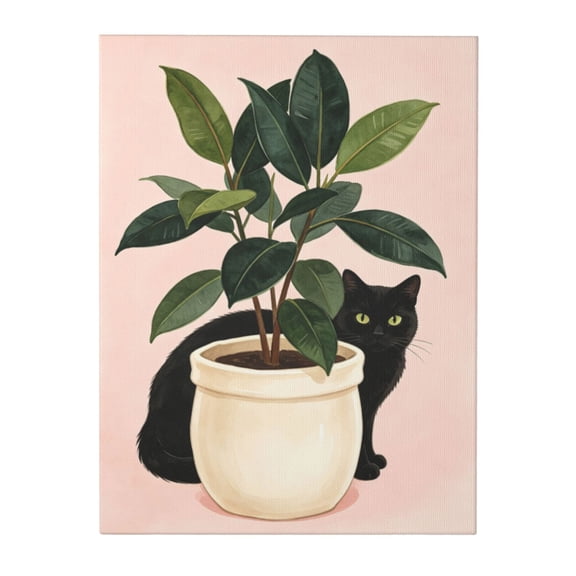 BTFSigns Framed Rubber Tree with Black Cat – Minimalist Botanical Canvas Art, Green Leaves Poster, Boho Wall Decor for Home Office, 12x16 Inches