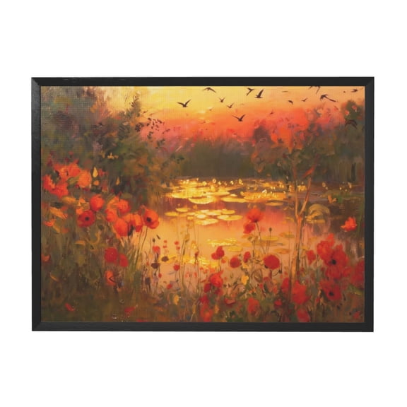 BTFSigns Framed Vintage Canvas Wall Art Dusk,Flowers,Lake,Landscape Canvas Hanging Prints Wall Decor Retro Moody Oil Nature Painting Picture Bedroom Gifts for Friends or Family 16x12 Inch