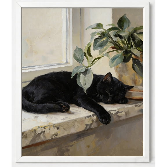 BTFSigns Framed Wall Art for Living Room,Black Cat Oil Painting Picture,Lazy Cats Canvas Prints Home Decor,Bedroom Wall Decor Gifts for Friends or Family 16x24 Inch