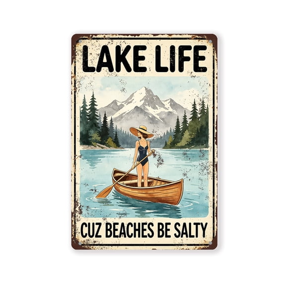 BTFSigns Lake Life Cuz Beaches Be Salty Vintage Aluminum Metal Tin Sign, Rustic Lake House Wall Decor, 12x16 Inch Hanging Plaque for Indoor Outdoor Lakehome Decor & Gift