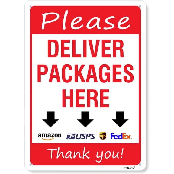BTFSigns Leave Packages Here Sign with Down Arrows - Weatherproof 8"x12" Aluminum Delivery Instruction Sign for Drivers, Office, Business, Home - Indoor/Outdoor Use
