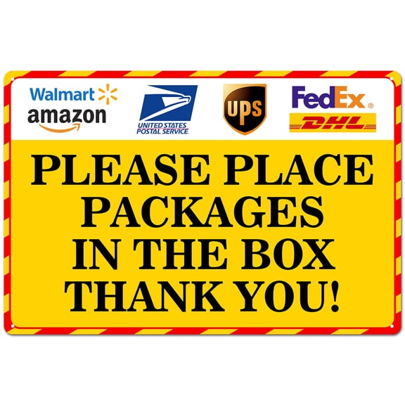 BTFSigns Place Packages In The Box Delivery Sign - Weatherproof 8"x12" Aluminum Parcel Drop Box Sign for Drivers, Office, Business, Home Yard Outdoor Yellow