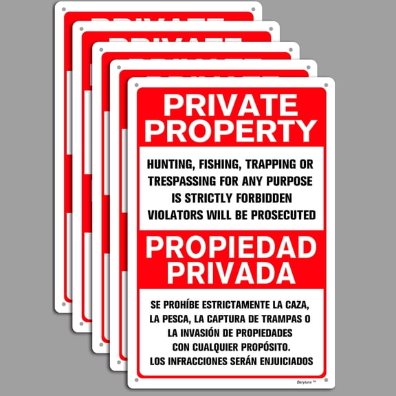 BTFSigns Spanish 5 Pack 8" x 12" Private Property Hunting, Fishing, Trapping or Trespassing is Strictly Forbidden Warning Sign