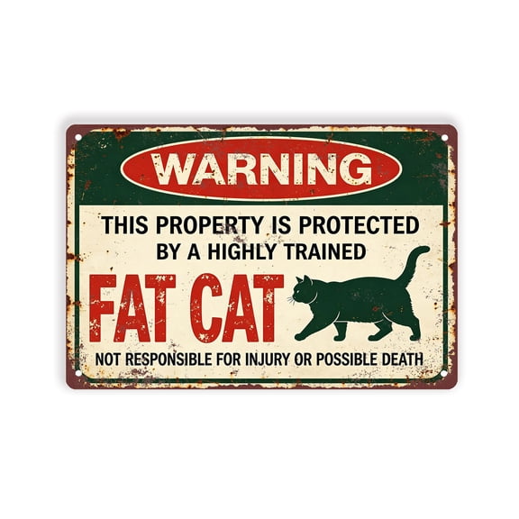 BTFSigns Vintage Fat Cat Warning Metal Sign,Property Protected by Trained Fat Cat Retro Aluminum Plaque Funny Yard Garden Home Wall Decor Gift 12x16 Inch