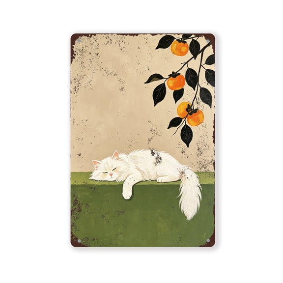 BTFSigns Vintage Neutral Green Floral Cat Aluminum Metal Tin Sign, Cozy Lazy Cat with Persimmon Branch Wall Art Decor, 6x8 Inch Rustic Hanging Plaque for Bedroom Dining Room Hallway Home Gift