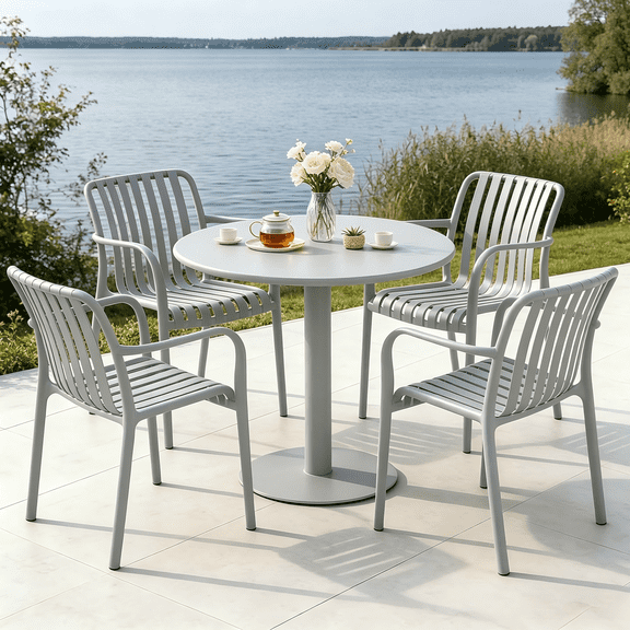 BTFYOU Curved Back Stackable Patio Chairs Set of 4, Waterproof All-Weather Indoor Outdoor Dining Stools for Deck, Backyard, Restaurant and Cafe Use(Gray)