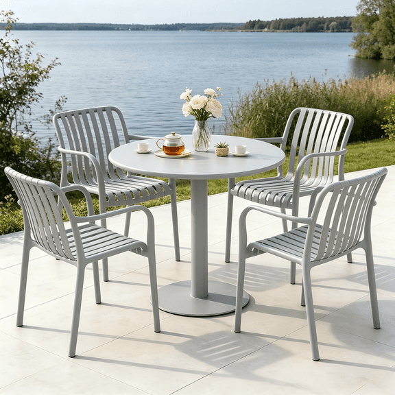BTFYOU Curved Back Stackable Patio Chairs Set of 4, Waterproof All-Weather Indoor Outdoor Dining Stools for Deck, Backyard, Restaurant and Cafe Use(Gray)