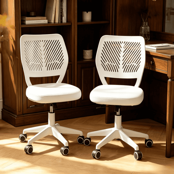 BTFYOU Ergonomic Padded Mesh Armless Task Chair, Height Adjustable Swivel Rolling Computer Desk Chair, Small Study Seat for Teen Boys Girls Pack of 2(White)