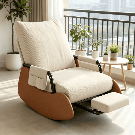 BTFYOU Foldable Nursery Rocking Recliner Chair, Padded Glider Rocker with Foot Stool, Storage Pocket & Adjustable High Back for Bedroom Living Space(Beige)
