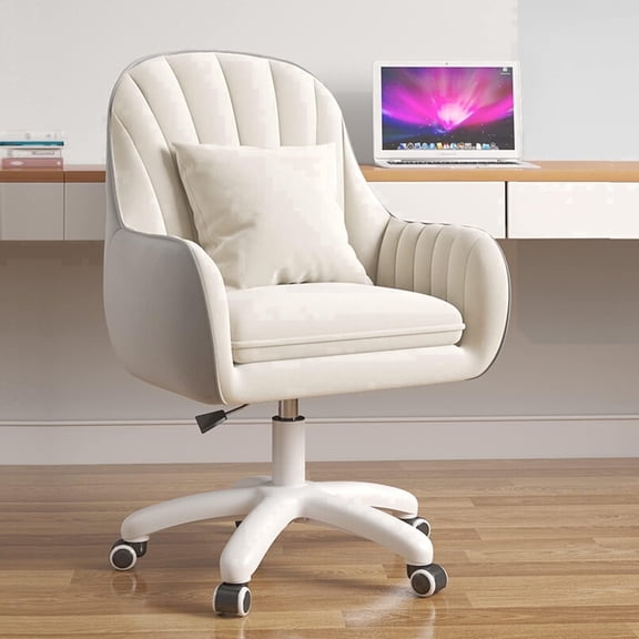 BTFYOU Height Adjustable Wheeled Computer Chair, Cute Mid Back Velvet Swivel Desk Chair, Multi-use Stylish Seating for Makeup Room and Home Office, White