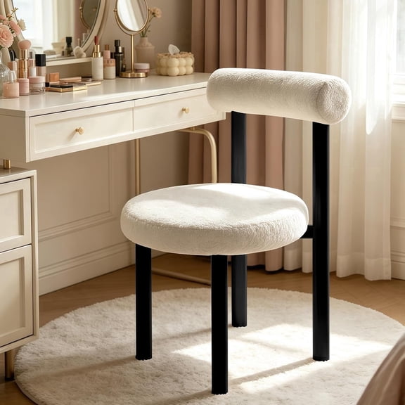 BTFYOU Small Armless Teddy Fleece Vanity Desk Chair, Ergonomic Design with Back & Lumbar Support, Cozy Computer Chair for Bedroom, Makeup Room, Teens and Adults (Black and White)