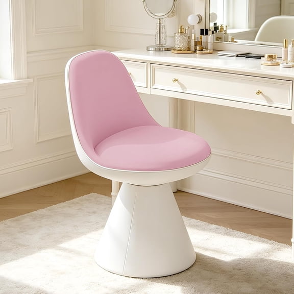 BTFYOU Swivel Leather Vanity Chair with Mid Backrest, Multifunctional Upholstered Ottoman Foot Stool, Modern Makeup Stool for Bedroom, Living Room & Dining Room(Pink)