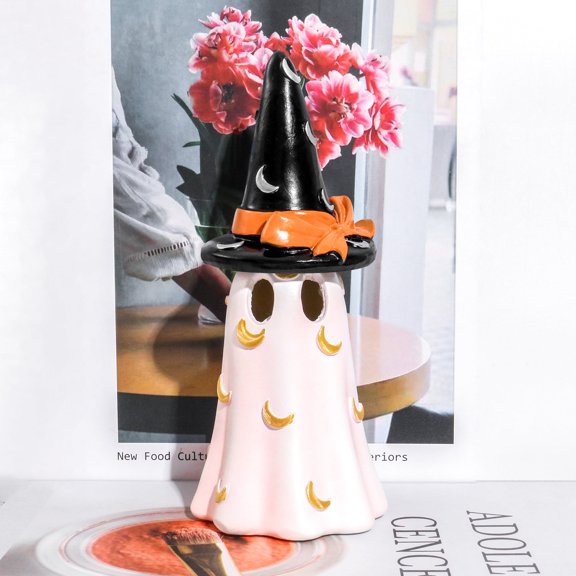 BTIZTLLA Halloween Decorations Indoor, Ceramic Ghosts with Witch Hats, Cute Spooky Halloween Ghost Figurines for Mantel, Shelf & Tabletop Decor