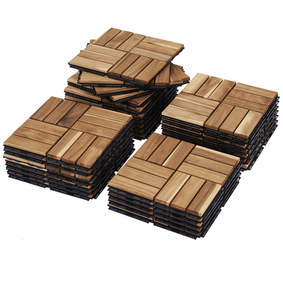 BTMWAY 10 Piece Patio Deck Tiles, 12"x12" Square Acacia Wood Interlocking Flooring Tiles, Outdoor Flooring for Porch Balcony Backyard, Yellow Brown