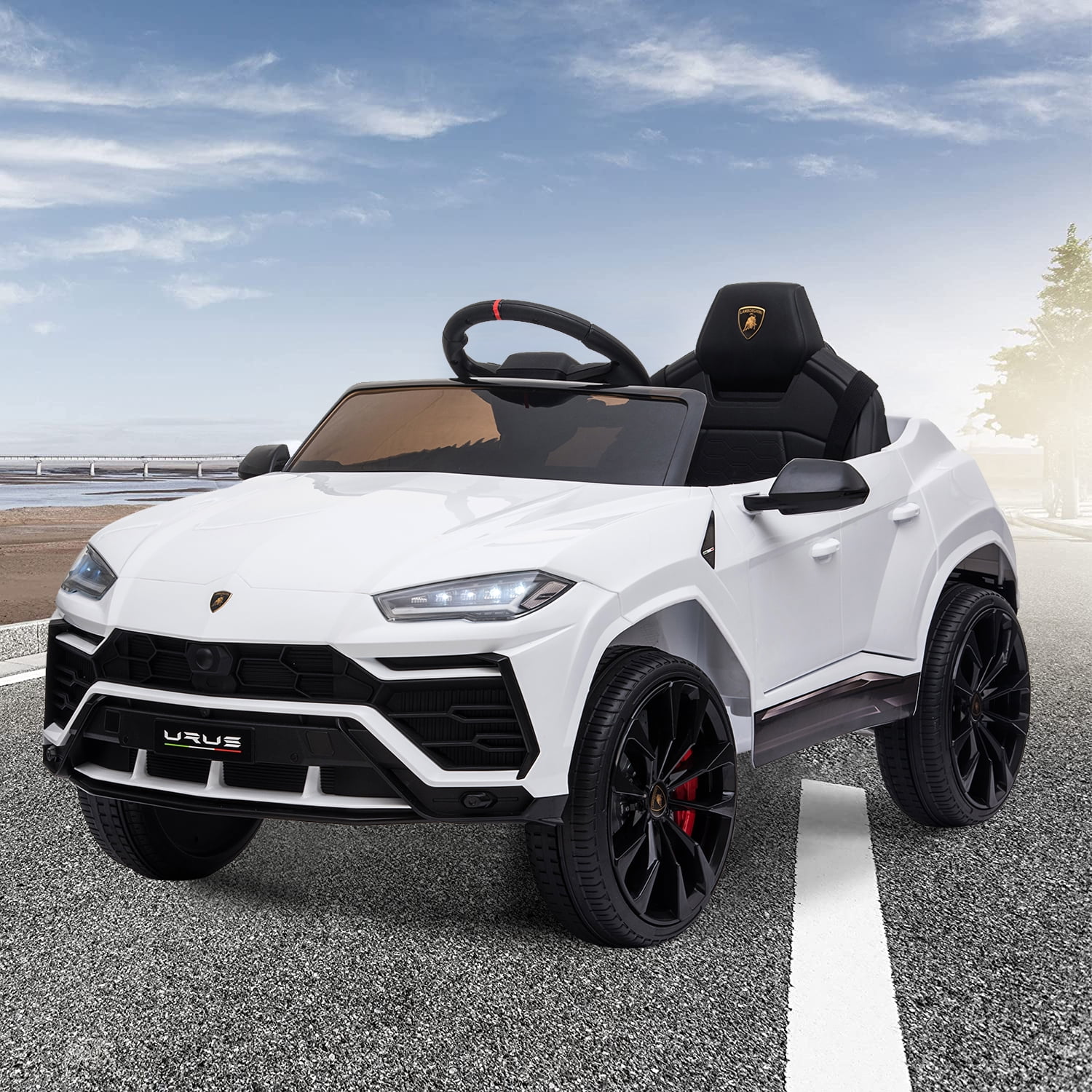 BTMWAY White 12V Battery Powered Lamborghini Ride-On Car Toys with