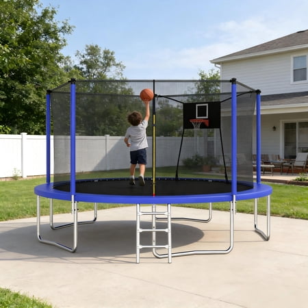 14FT Kids Trampoline Outdoor, SHINPT Large Trampoline with Enclosure Net, Recreational Trampoline for Families, Outdoor Trampoline with Basketball Hoop, Big trampoline for Backyard, Lawn, Patio