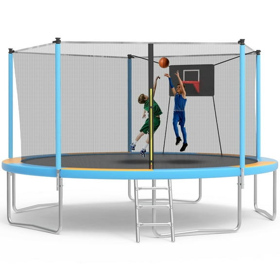 SHINPT 14ft Trampoline for Kids, Outdoor Trampoline with Net, Big Trampoline with Basketball Hoop and Ladder, Heavy Duty Trampoline with No-gap Design, Backyard Trampolines for Adult
