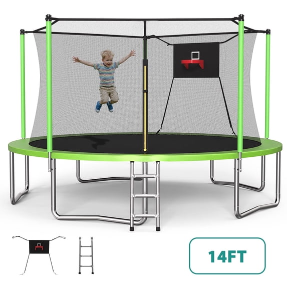 SHINPT 14ft Outdoor Trampoline for Kids, Big Trampoline with Basketball Hoop and Ladder, Heavy Duty Trampoline with Net Meets ASTM Standard, Backyard Trampoline for Adult, Large Trampoline for Gift