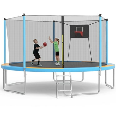 SHINPT 14ft Trampoline for Kids, Outdoor Trampoline with Net, Big Trampoline with Basketball Hoop and Ladder, Heavy Duty Trampoline with No-gap Design, Backyard Trampolines for Adult