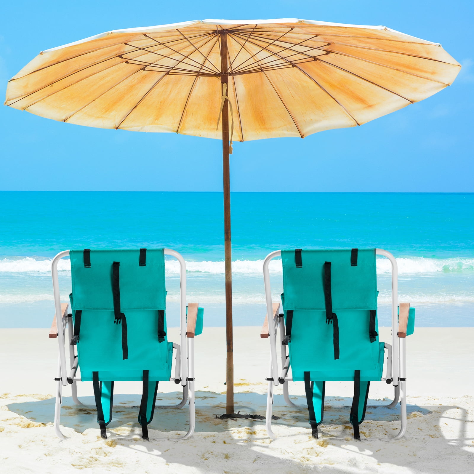 Mainstays 2 Pack Reclining Beach Event Lay Flat Backpack Chair Blue Green Stripe Walmart