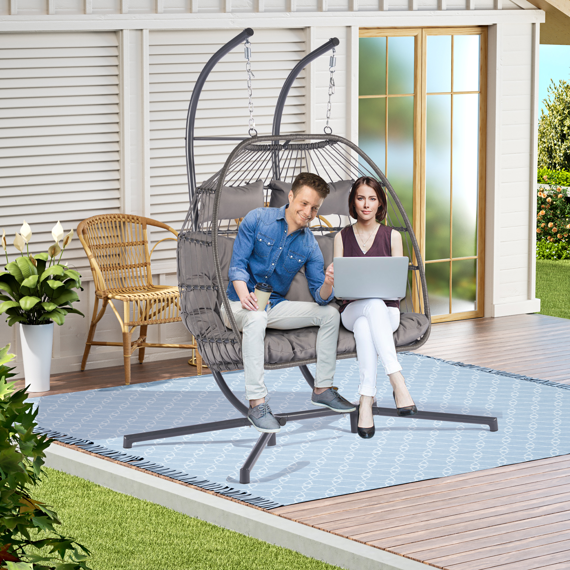 BTMWAY 2 Person Wicker Egg Chair with Stand and Removable Cushion, Outdoor Indoor Swing Hammock Chair Hanging Basket Chair for Patio Balcony Porch Living Room, Light Gray - image 1 of 9