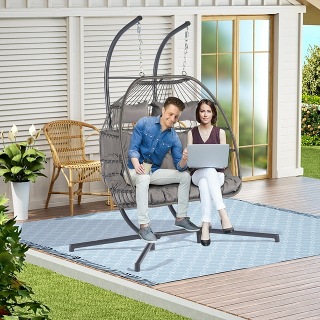 BTMWAY 2 Person Wicker Egg Chair with Stand and Removable Cushion, Outdoor Indoor Swing Hammock Chair Hanging Basket Chair for Patio Balcony Porch Living Room, Light Gray