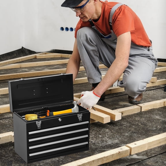 CASEMIOL 20.3" Metal Tool Box with 4 Drawers and Deep Top Box, Portable Steel Tool Chest with Metal Cylinder Lock and Latch Closure, for Garage, Warehouse, and Outdoor Repair Jobs, Black