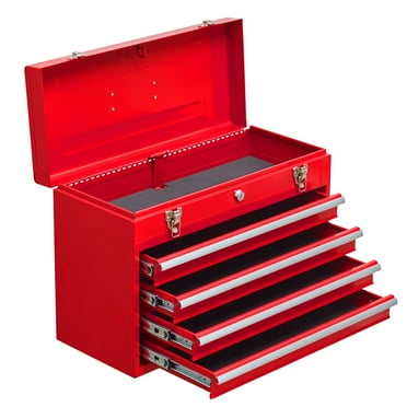 CASEMIOL 20.3" Metal Tool Box with 4 Drawers and Deep Top Box, Portable Steel Tool Chest with Metal Cylinder Lock and Latch Closure, for Garage, Warehouse, and Outdoor Repair Jobs, Red