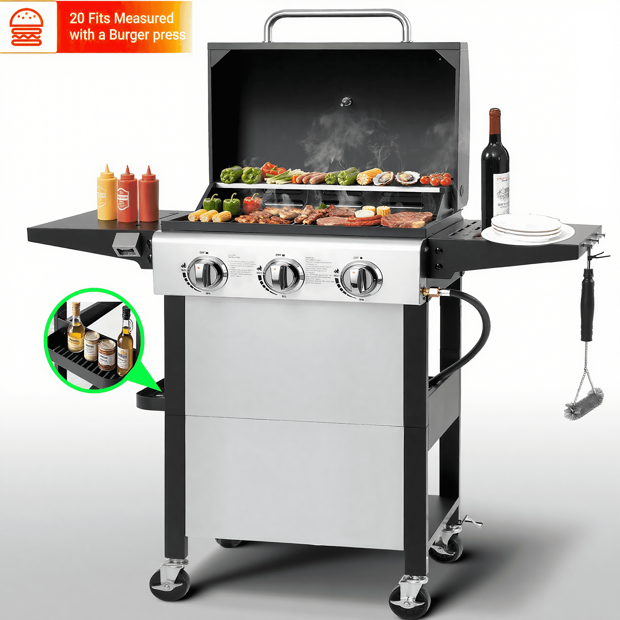 Yardmaster 3-Burner Propane Gas Grill with Side Table