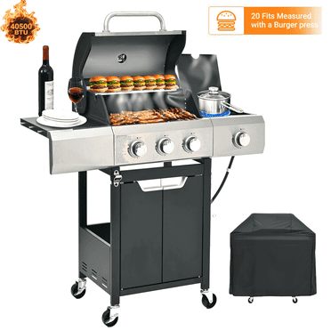 CASEMIOL 3-Burner Propane Gas Grill with Side Burner and Cover, Stainless Steel BBQ Grill Outdoor Cooking with Grates and Warming Rack, 40,500 Btu Barbecue Grill for Patio, Camping