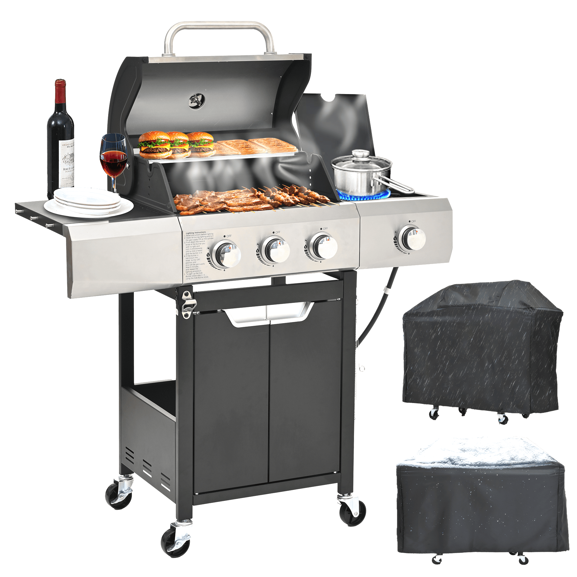 Stainless Steel 3-Burner Propane Gas Grill with Side Burner and Cover