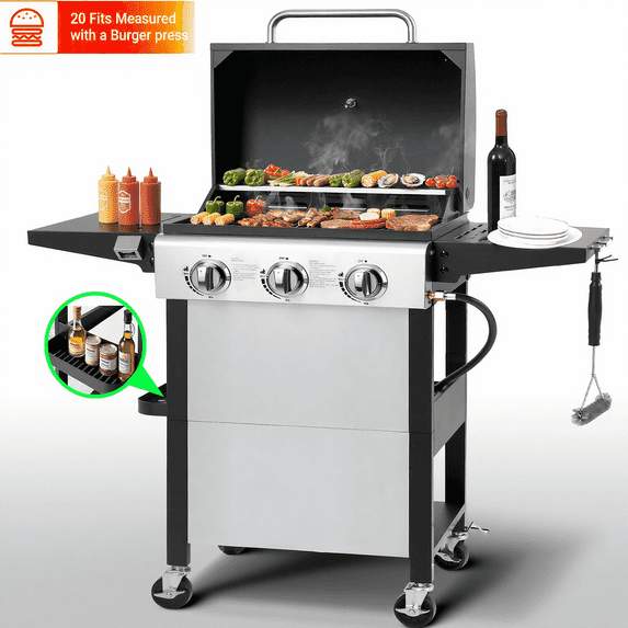 Yardmaster 3-Burner Propane Gas Grill with Side Table, Stainless Steel BBQ Grill Outdoor Cooking with Grates and Warming Rack, 30,000 Btu Barbecue Grill for Patio, Camping