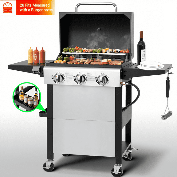 Yardmaster 3-Burner Propane Gas Grill with Side Table, Stainless Steel BBQ Grill Outdoor Cooking with Grates and Warming Rack, 30,000 Btu Barbecue Grill for Patio, Camping