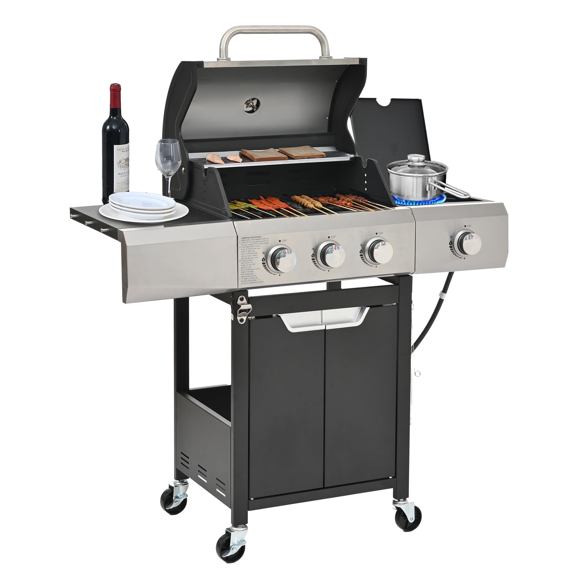 Stainless Steel 3-Burner Propane Gas Grill with Side Burner and Cover