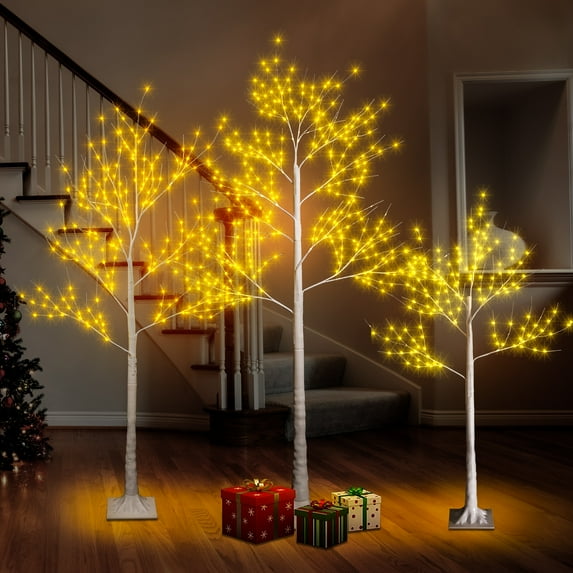 BTMWAY 3 Piece 4FT 5FT 6FT White Birch Tree, Lighted Snowflake Christmas Tree with LED Lights, Artificial Birch Tree for Outdoor Indoor Decor, Prelit Christmas Tree for Christmas Decoration