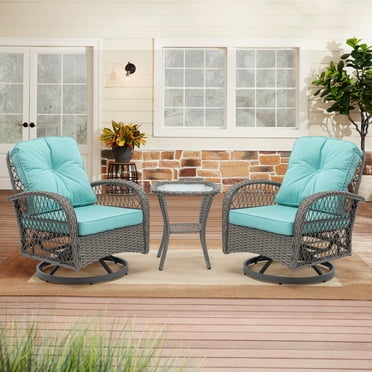 BTMWAY 3 Pieces Outdoor Swivel Rocker Patio Chairs, 360 Degree Rocking Patio Conversation Set with Thickened Cushions and Glass Coffee Table for Backyard, Blue