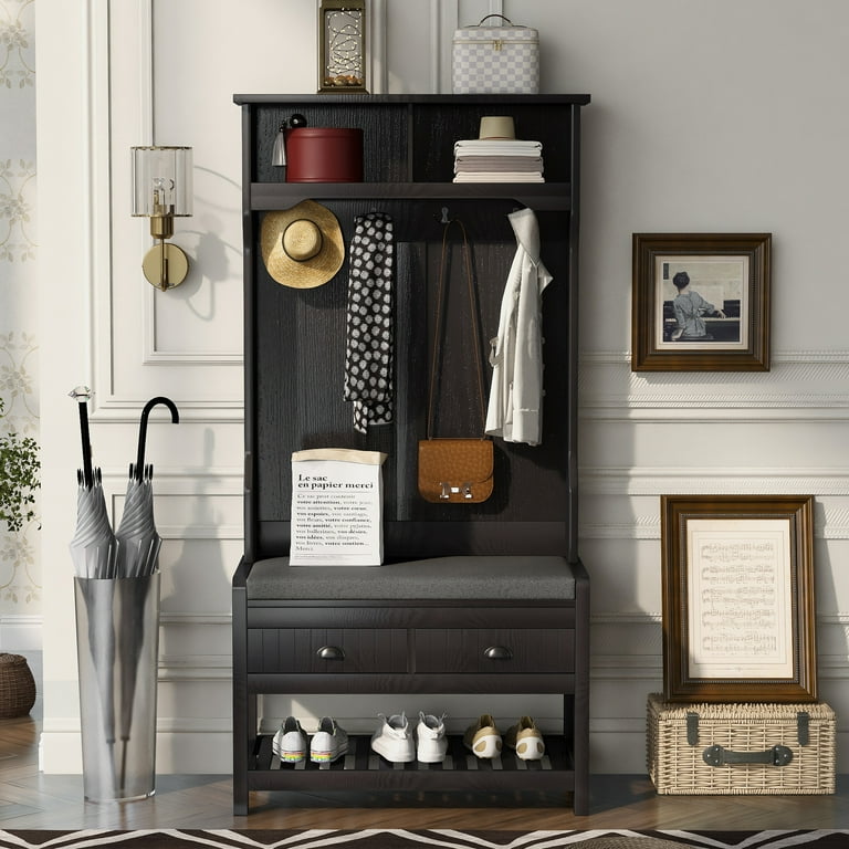 BTMWAY 3 in 1 Entryway Coat Rack Wood Hall Tree with Storage Bench and Coat Racks Entryway Bench with Shoe Storage 2 Open Shelves 4 Hooks Entryway Storage Organizer for Entrance Hallway Black Walmart....