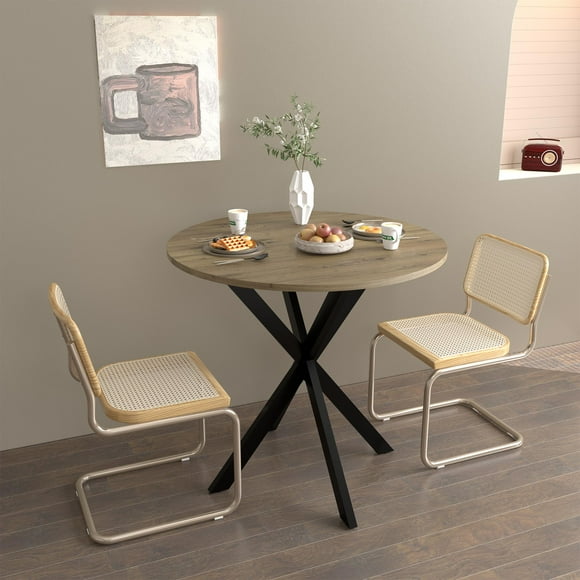 CASEMIOL 31.5" Round Marble Dining Table for 2, Modern Small Space Kitchen Table with Cross Matte Iron Legs, Stylish Removable Top, Brown