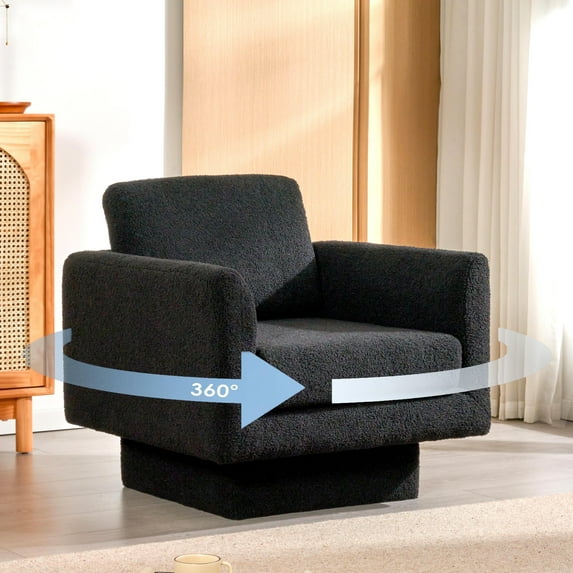 CASEMIOL 360° Swivel Accent Chair, 30" Teddy Sherpa Round Armchair with Thick 6" Cushion, Comfy Upholstered Lounge Barrel Chair for Living Room, Bedroom, Nursery, Reading Club, Black