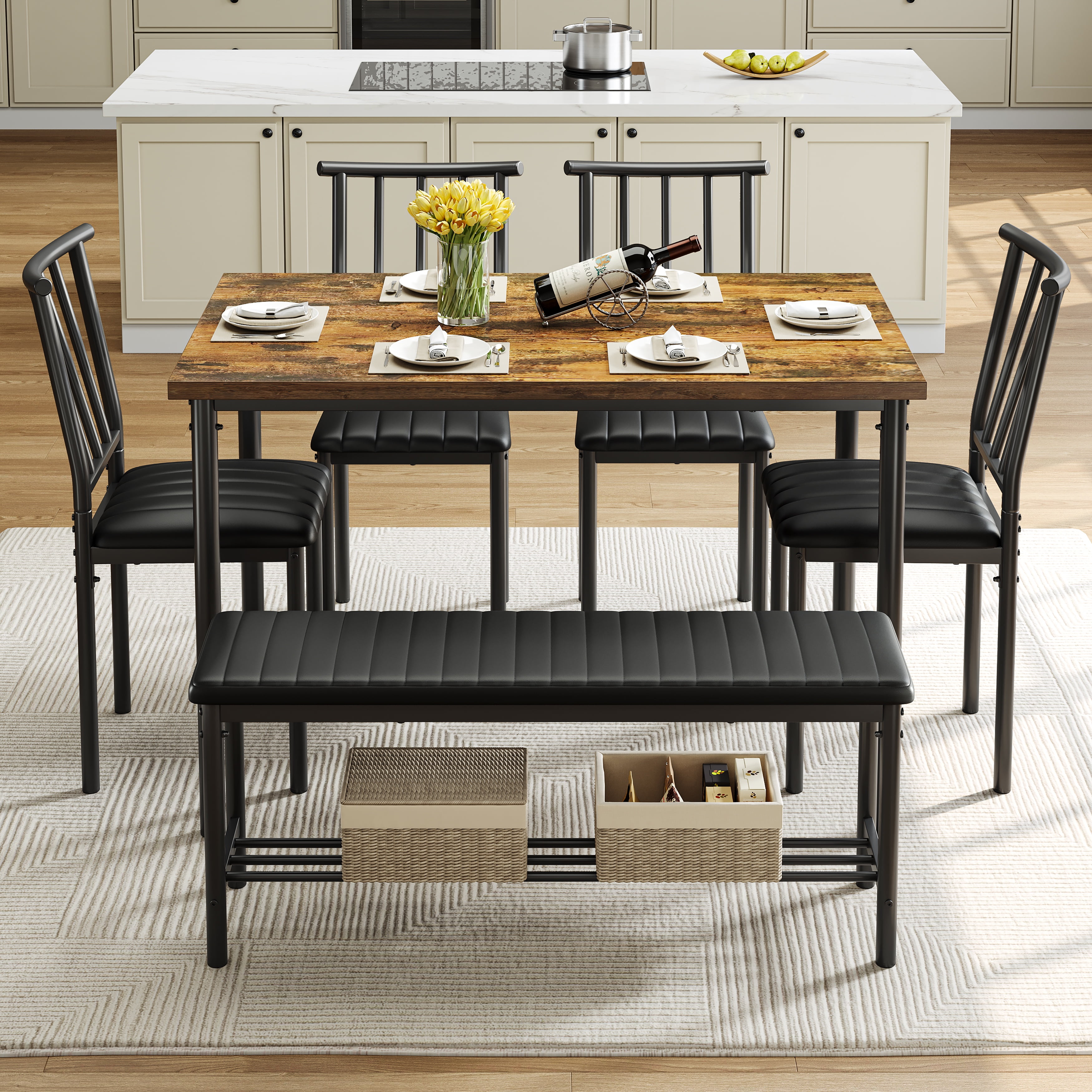 Industrial 6-Piece Rectangle Dining Set with Bench, Upholstered Chairs ...