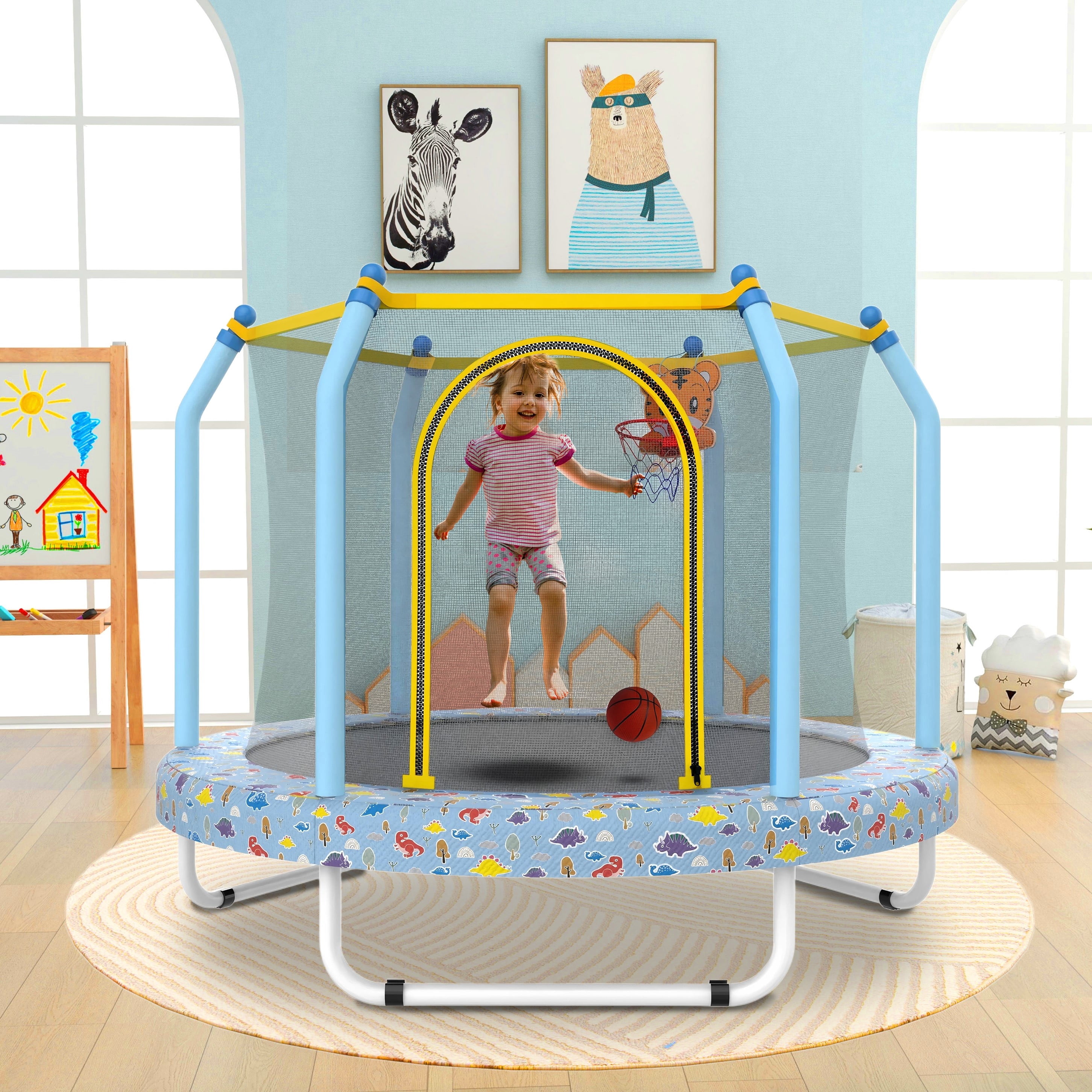 SHINPT 55" Toddler Trampoline with Enclosure, Child's Mini Trampoline for Boys&Girls, Indoor & Outdoor Kids Trampoline with Basketball Hoop, Entertainment Trampoline for Backyard, Patio