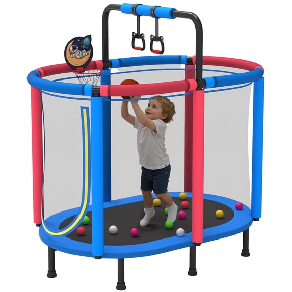 Toddler Trampoline with Enclosure, 60" Kids Trampoline with Net, SHINPT Indoor Trampoline for Kids, Small Trampoline with Basketball Hoop, Mini Trampoline with Net, Gift for Boys Girls, Ages 3+