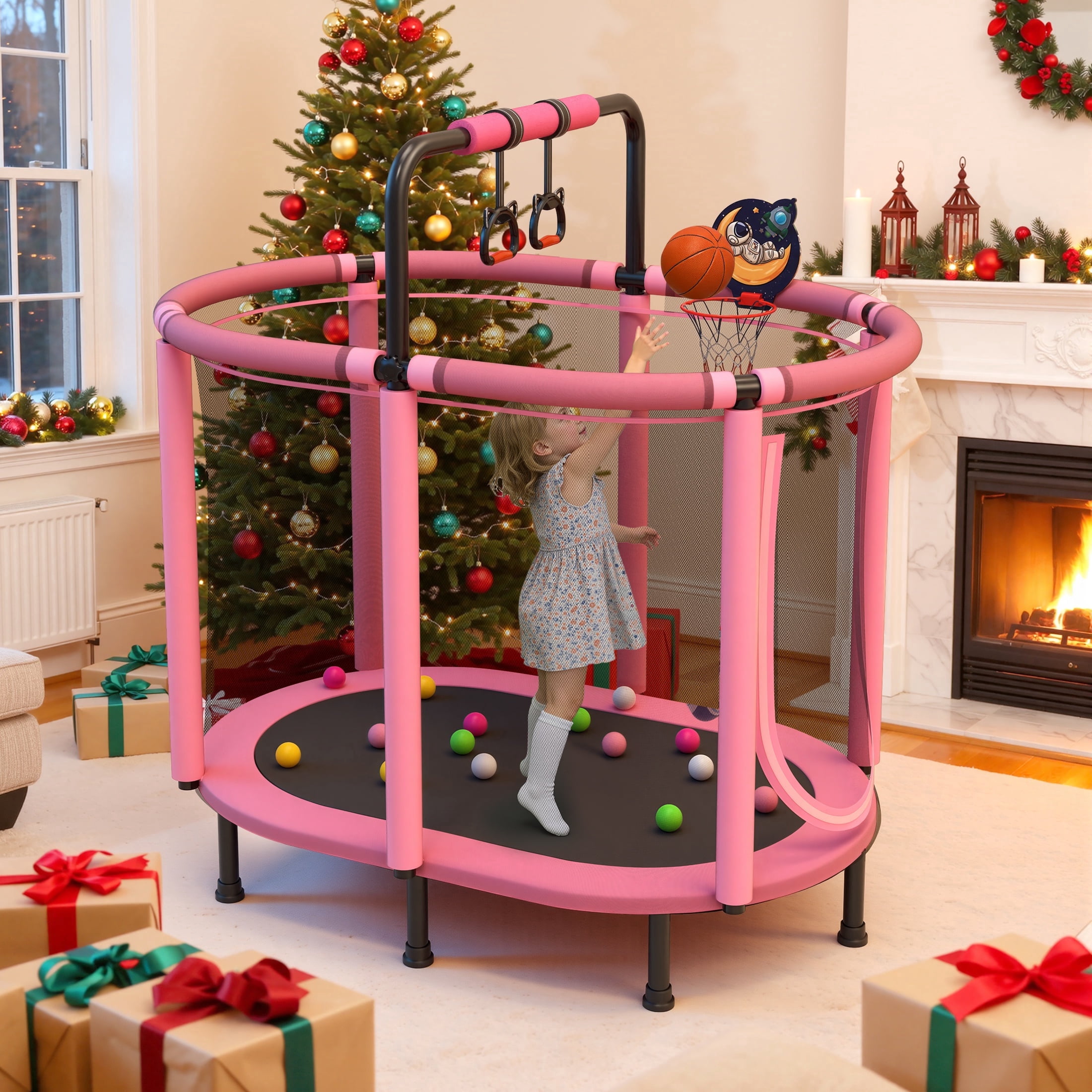 60" Toddler Trampoline with Enclosure Net, Kids Trampoline with Basketball Hoop, SHINPT Indoor Trampoline for Kids, Small Trampoline with Ocean Balls, Mini Trampoline with Rings, Gift for Boys Girls
