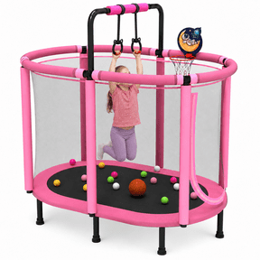 60" Trampoline with Enclosure Net, Kids Trampoline with Basketball Hoop, SHINPT Indoor Trampoline for Kids, Small Trampoline with Ocean Balls, Mini Trampoline with Rings, Gift for Boys Girls