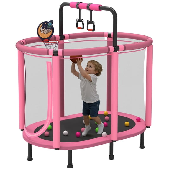 Toddler Trampoline with Enclosure, 60" Kids Trampoline with Net, SHINPT Indoor Trampoline for Kids, Small Trampoline with Basketball Hoop, Mini Trampoline with Net, Gift for Boys Girls, Ages 3+