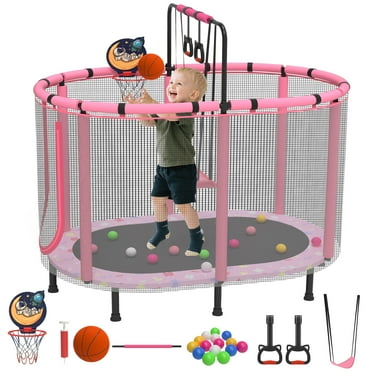 SHINPT 60" Toddler Trampoline Indoor, Mini Trampoline for Kids, Small Trampoline with Basketball Hoop and Swing,Baby Trampoline with Net, Kid Trampoline with Adjustable Gymnastics Bar