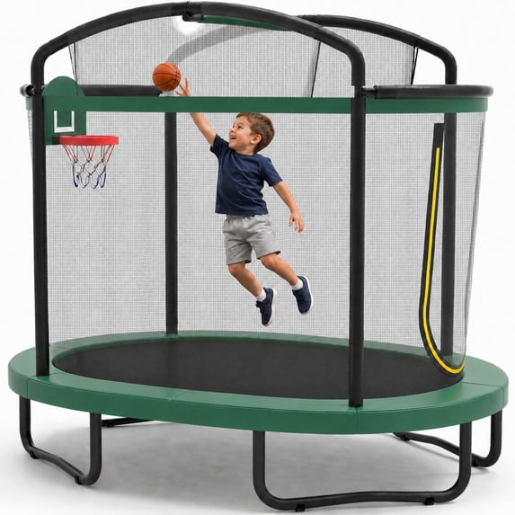 4×6FT Kids Trampoline with Basketball Hoop, SHINPT Indoor Trampoline with 770lbs Weight Capacity, 3-in-1 Trampoline Outdoor for Kids Aged 3+, Small Trampoline with Adjustable Gymnastics Bar