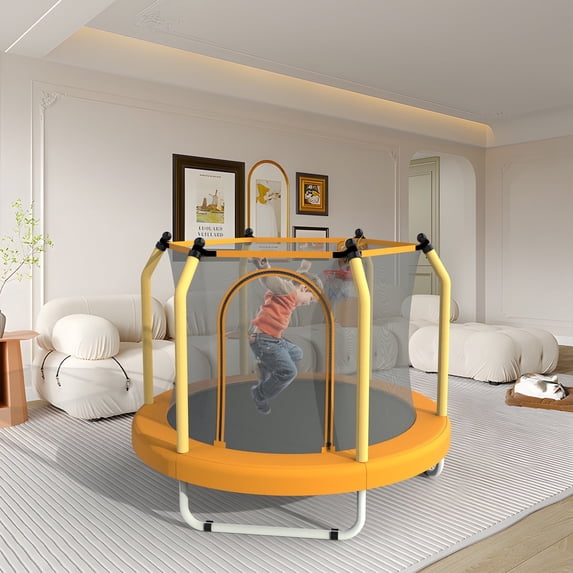 55" Toddler Trampoline with Safety Enclosure Net, Trampoline Indoor & Outdoor, Mini Trampoline for Kids 1-8 with Basketball Hoop, Ball and Thick Foam Protection, Birthday Gifts for Boy & Girl