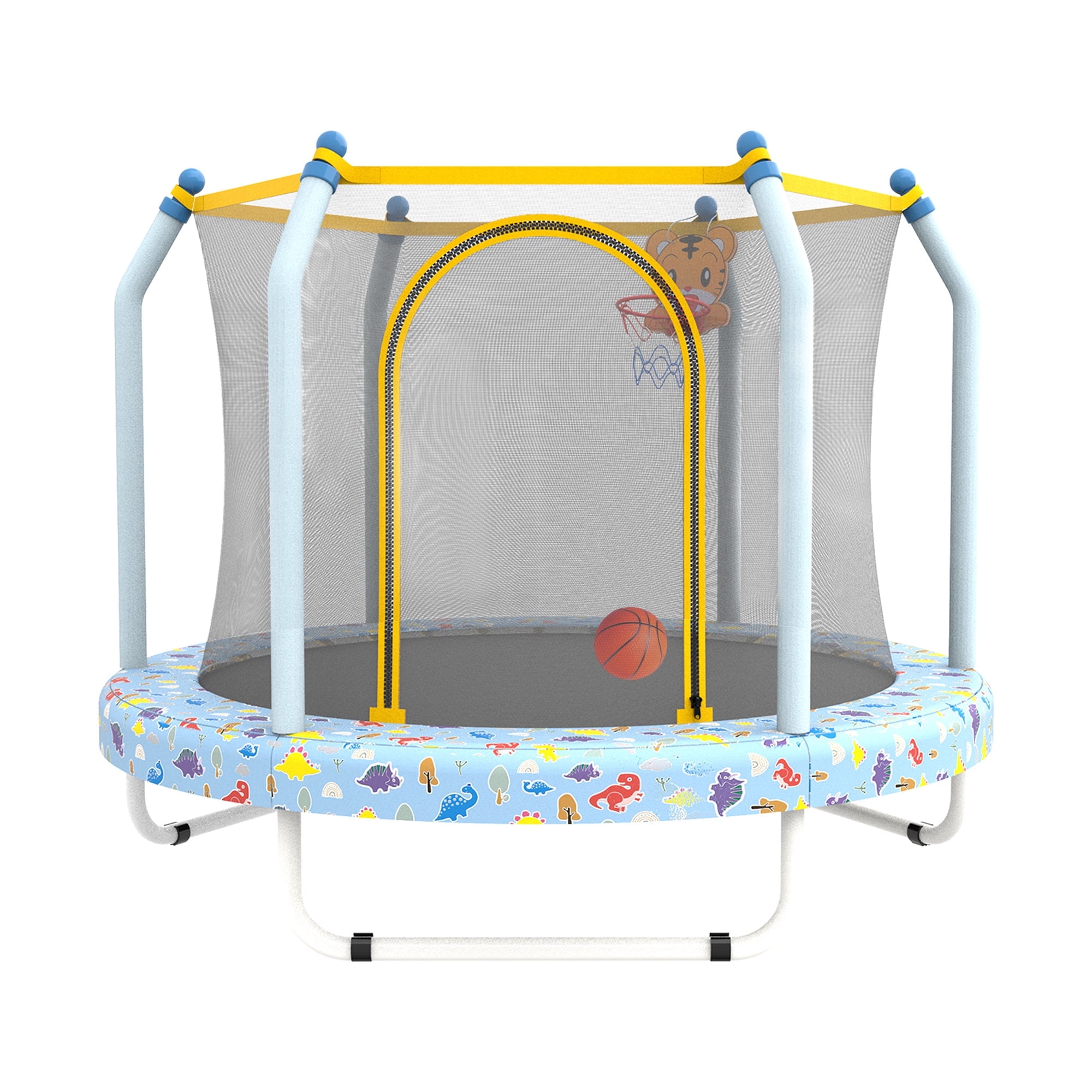 BTMWAY 55" Toddler Trampoline with Safety Enclosure Net, Trampoline Indoor & Outdoor, Mini Trampoline for kids 1-8 with Basketball Hoop, Ball and Thick Foam Protection, Birthday Gifts for Boy &Girl