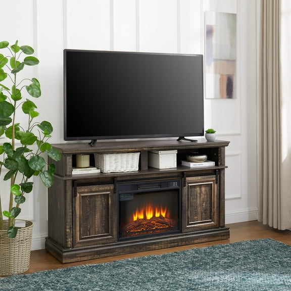 CASEMIOL 58" Fireplace TV Stand for TVs up to 65", Media Entertainment Center Console with 23" Electric Fireplace, 2 Sliding Door, Large Storage Cabinet for Living Room, Antique Brown